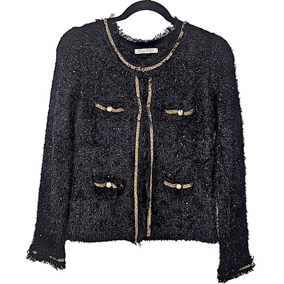 Peace N Love Designer Look Black Cardigan Sweater M Gold Trim Hook & Eye Closure - Picture 1 of 7
